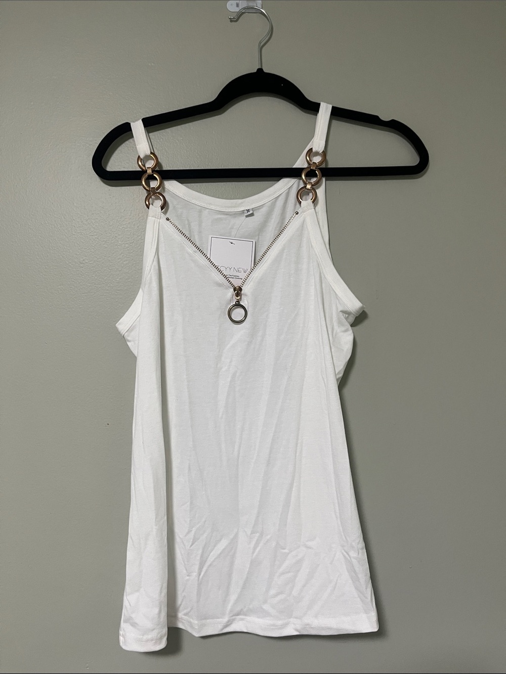 White Tank Top with Gold Ring & Chain Detail
